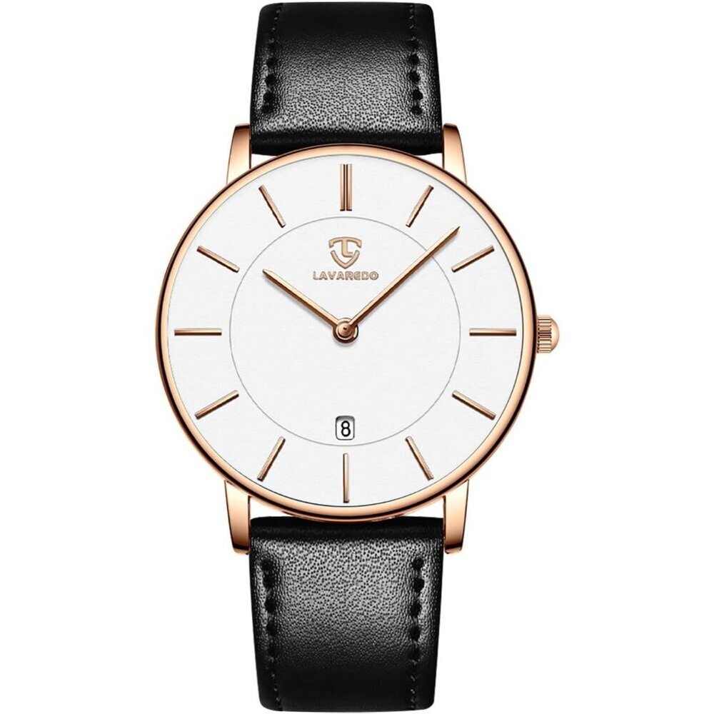 Men's Black White Leather Strap Analog Minimal Simple Stylish Buckle Wrist Watch